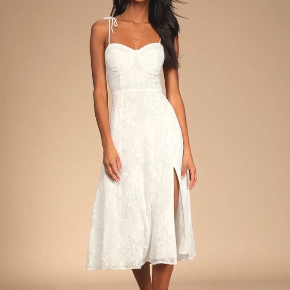 Lulus Loveliest Looks White Floral Jacquard Tie-strap Midi Dress - Size M